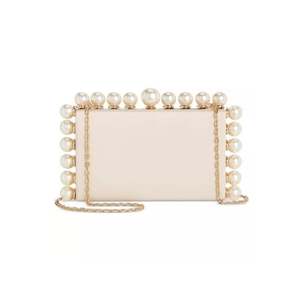 INC East West satin pearl embellished women's box clutch evening bag- Champagne